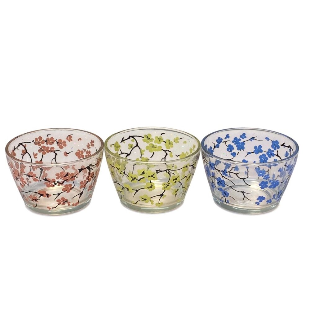 Vintage Floral Printed Glass Bowls Pink Yellow & Blue Flower Designs Set of 3